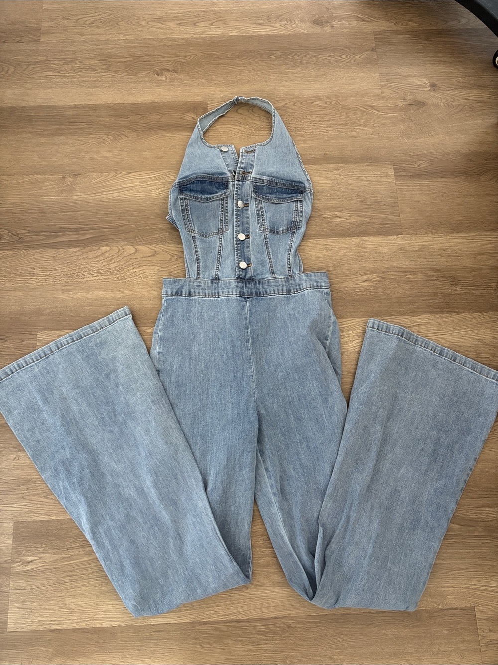 Fashion Nova Light Blue Denim Halter Flared Jumpsuit - Picture 4 of 5